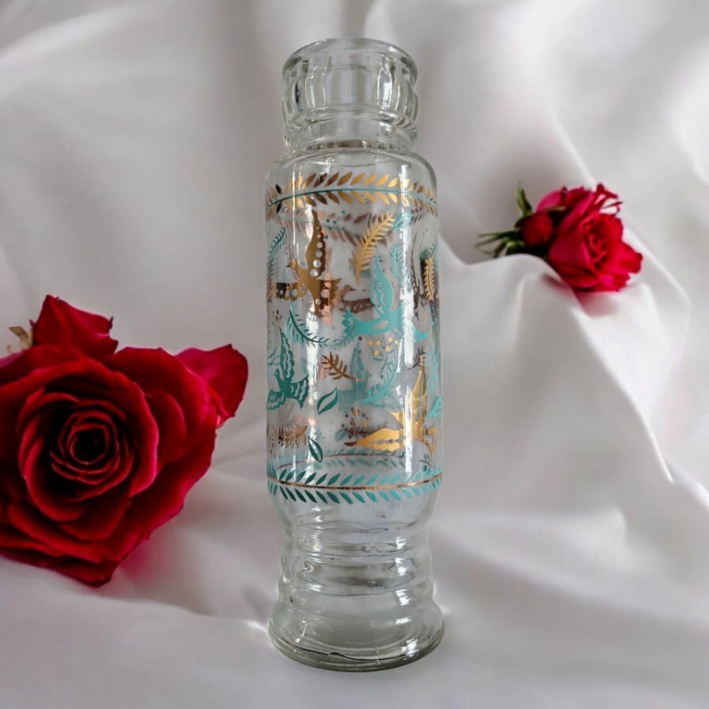 Vtg 60's Jeannette Glass Apothecary Jar Blue Gold Birds Georges Braird No Lid